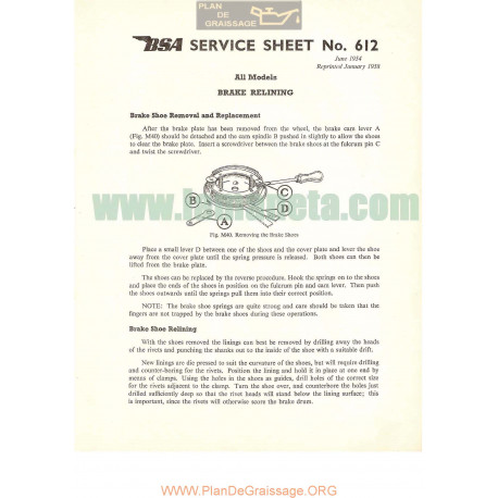 Bsa Service Sheet N 612 P1958 Brake Relining All Models