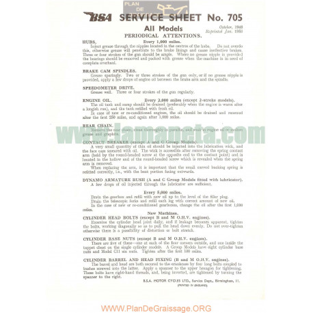 Bsa Service Sheet N 705 P1958 Periodical Attentions All Models