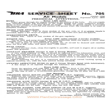 Bsa Service Sheet N 705 P1959 Periodical Attentions All Models