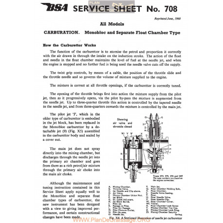 Bsa Service Sheet N 708 P1959 Monobloc Carburation Separate Float Chamber