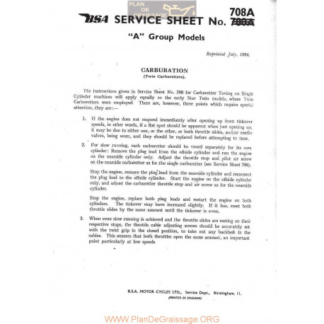 Bsa Service Sheet N 708a P1967 Service Sheet Carburationtwin Carburettors