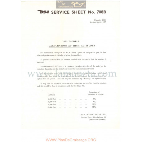 Bsa Service Sheet N 708b P1956 Carburador A Gran Altura Todos Modelos Ingles