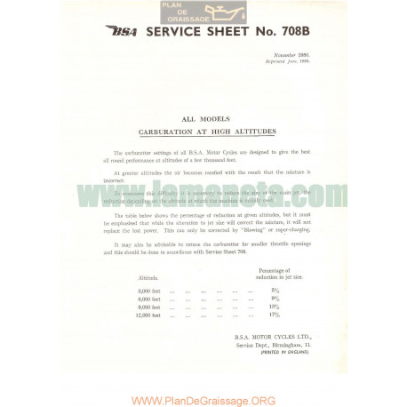 Bsa Service Sheet N 708b P1958 Carburatioon At High Altitudes