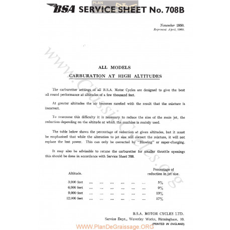 Bsa Service Sheet N 708b P1959 Carburation At High Altitudez All Model