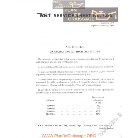 Bsa Service Sheet N 708b P1963 All Model Carburation Altitudes