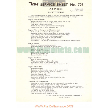 Bsa Service Sheet N 709 P1954 Fault Finding All Model