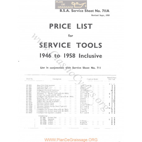 Bsa Service Sheet N 711a P1959 Service Tools Price List