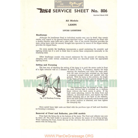 Bsa Service Sheet N 806 P1958 Lamps All Models Lucas Lighting