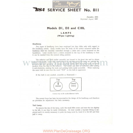 Bsa Service Sheet N 811 P1956 Wipac Iluminaciones Modelos Grupo D1 D3 Y C10l Ingles