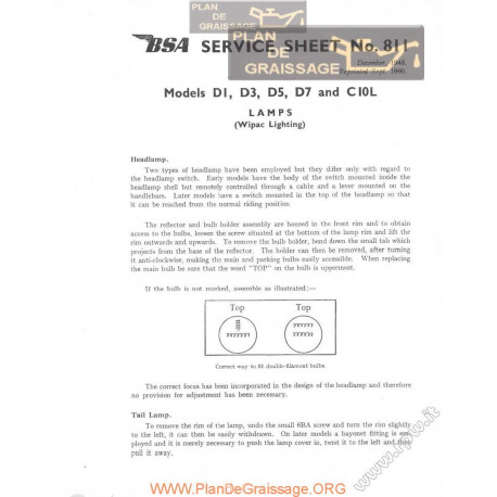 Bsa Service Sheet N 811 P1960 Lamps D1 D3 D5 D7 C10l