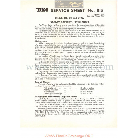 Bsa Service Sheet N 815 P1956 Varley Bateria Modelos Grupo D1 D3 Y C10l Ingles