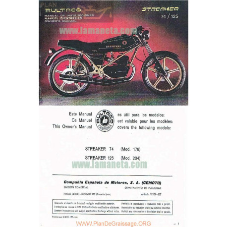 Bultaco Streaker 74cc Mod 179 125cc Mod 204 Manual Instrucciones