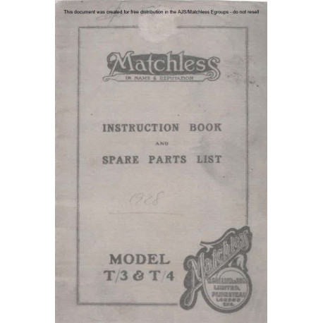 Matchless 1928 T3 T4 Instruction Book And Spares List