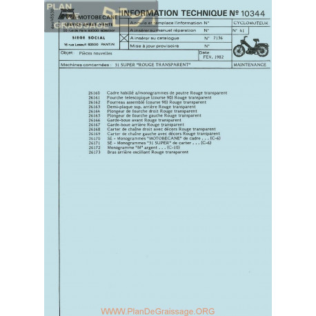 Motobecane 51 Super Rouge Trasparent 1982 Note Tech Num 10344