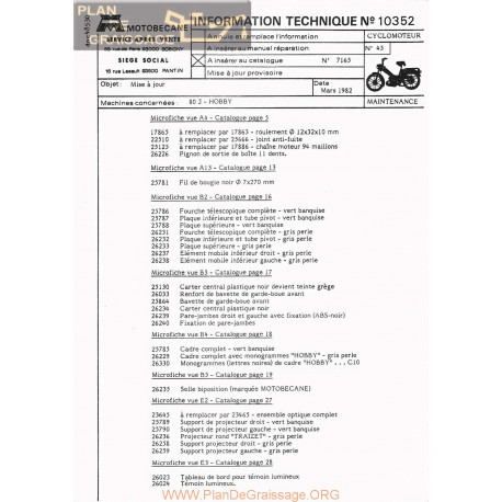 Motobecane 80j Hobby 1982 Note Tech Num 10352