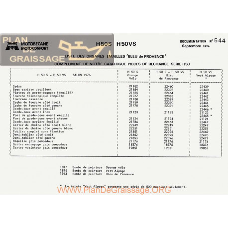 Motobecane Bleu Provence Serie H50 1976 Note Tech Num 544