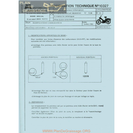 Motobecane Carbarateur M 50 Ev 1981 Note Tech Num 10327