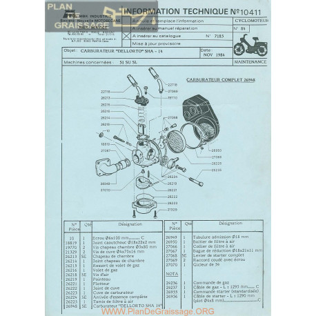 Motobecane Carburateur Dellorto Sha 14 51 Su Sl 1984 Note Tech Num 10411