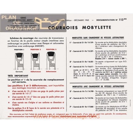 Motobecane Courroies 1960 Note Tech Num 113bis