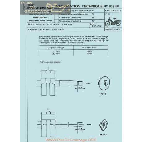 Motobecane Ecrou Volant 1982 Note Tech Num 10346