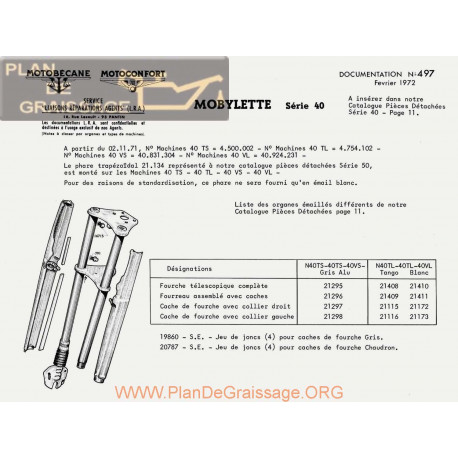 Motobecane Fourche Serie 40 1972 Note Tech Num 497