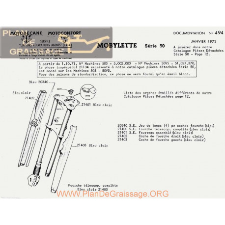 Motobecane Fourche Serie 50 1972 Note Tech Num 494