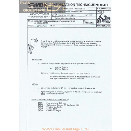 Motobecane Fx 50 Admission Carburateur 1986 Note Tech Num 10460
