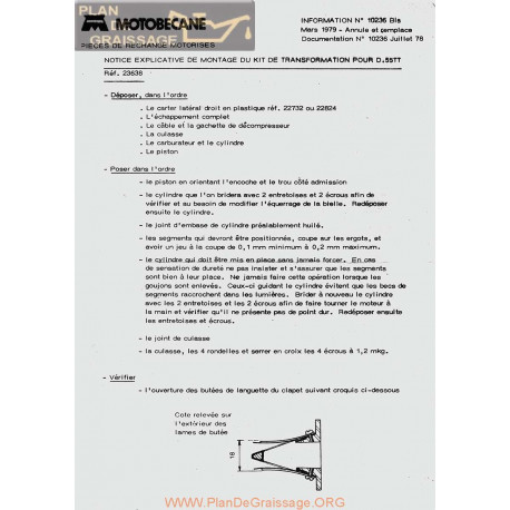 Motobecane Kit Transformation D 55 Tt Ref 23638 1978 Note Tech Num 10236 Bis