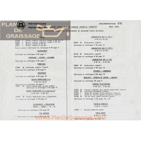 Motobecane Liste Pieces 40 S H Ts Vs Tlc Vlc 1974 Note Tech Num 518