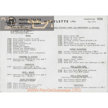 Motobecane Liste Pieces Detachees L 99 E 1972 Note Tech Num 506