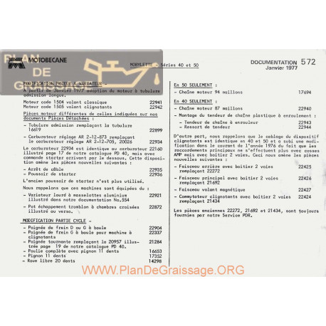 Motobecane Liste Pieces Serie 40 50 1977 Note Tech Num 572