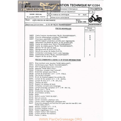 Motobecane Liste Rechange 51 Su Sp Bleu Transparent 1984 Note Tech Num 10394