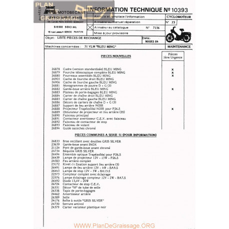 Motobecane Liste Rechange 51 Vlm Bleu Ming 1984 Note Tech Num 10393
