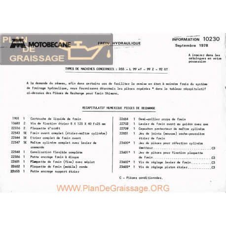 Motobecane Liste Rechange Concernes D55 99 92 Gt 1978 Note Tech Num 10230