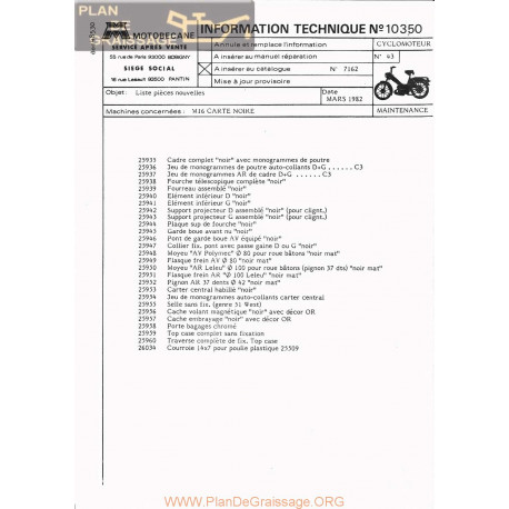 Motobecane M16 Carte Noire 1982 Note Tech Num 10350