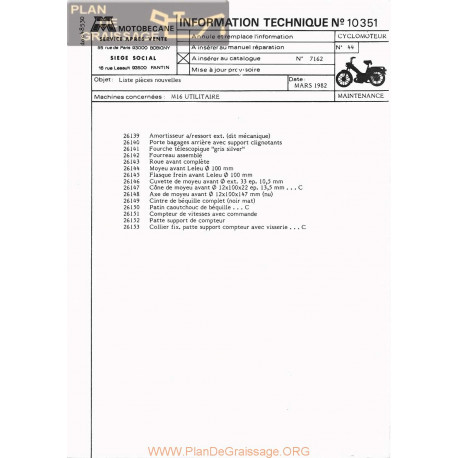 Motobecane M16 Utilitaire Pieces 1982 Note Tech Num 10351
