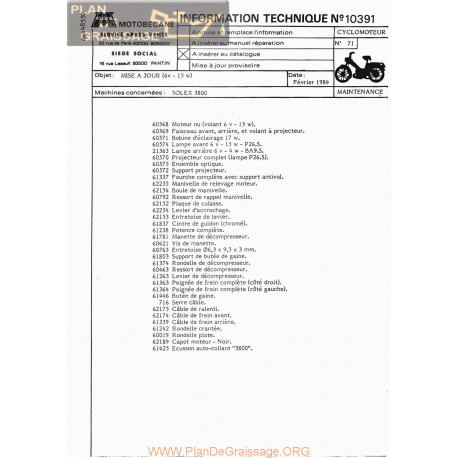 Motobecane Mise A Jour 6v 15w Solex 3800 Note Tech Num 10391