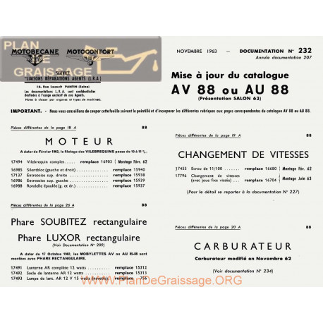 Motobecane Mise A Jour Catalogue Av Au 88 1963 Note Tech Num 232