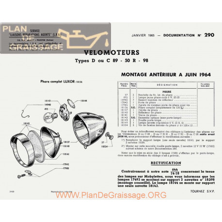 Motobecane Phare Luxor 89 50 98 1964 Note Tech Num 290