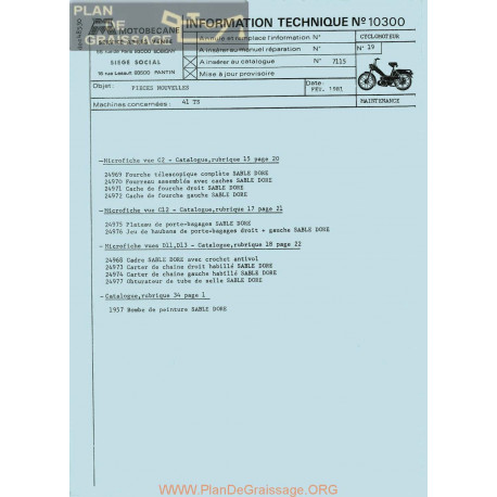 Motobecane Pieces 41 Ts 1981 Note Tech Num 10300