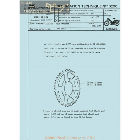 Motobecane Rear Sprocket Couronne Arriere 1980 Note Tech Num 10290