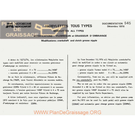 Motobecane Vilebrequin Graisseur Embrayage 1976 Note Tech Num 545