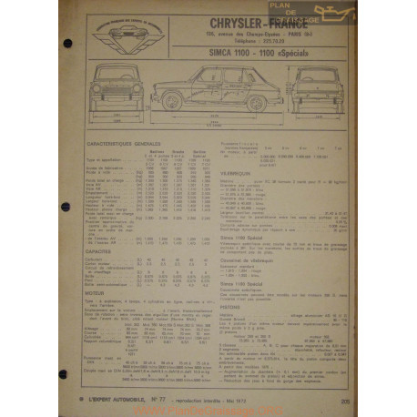 Chrysler Simca 1100 Special Fiche Technique