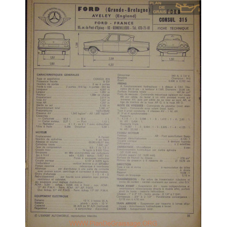 Ford Consul 315 Fiche Technique