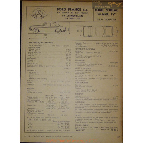 Ford Zodiac Mark Iv Fiche Technique