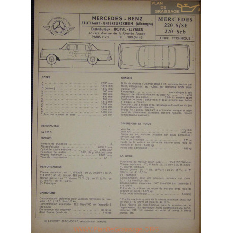 Mercedes 220 Se Seb Fiche Technique