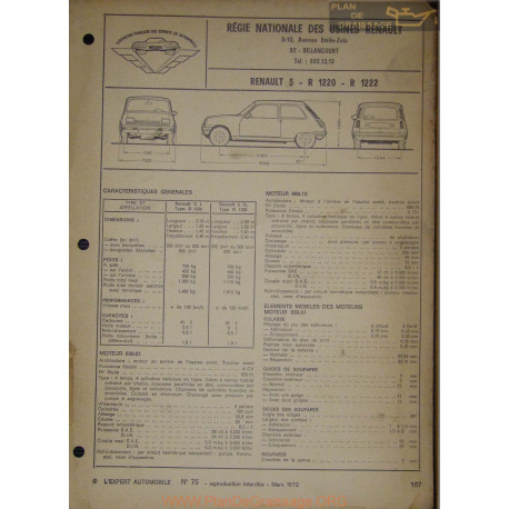 Renault 5 R1220 R1222 Fiche Technique