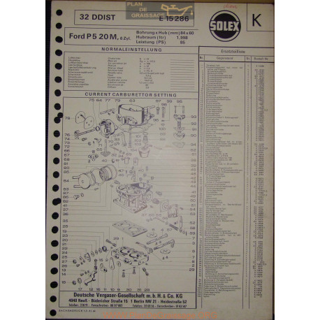 Solex 32 Ddist E15286 Ford P5 20m 6cyl