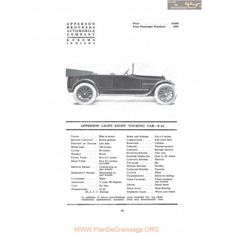 Apperson Light Eight Touring Car 8 16 Fiche Info 1916