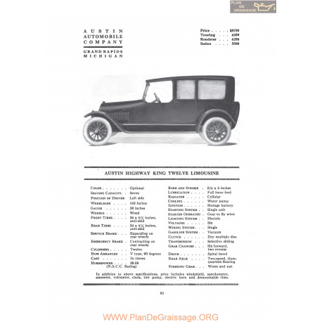 Austin Highway King Twelve Limousine Fiche Info 1919